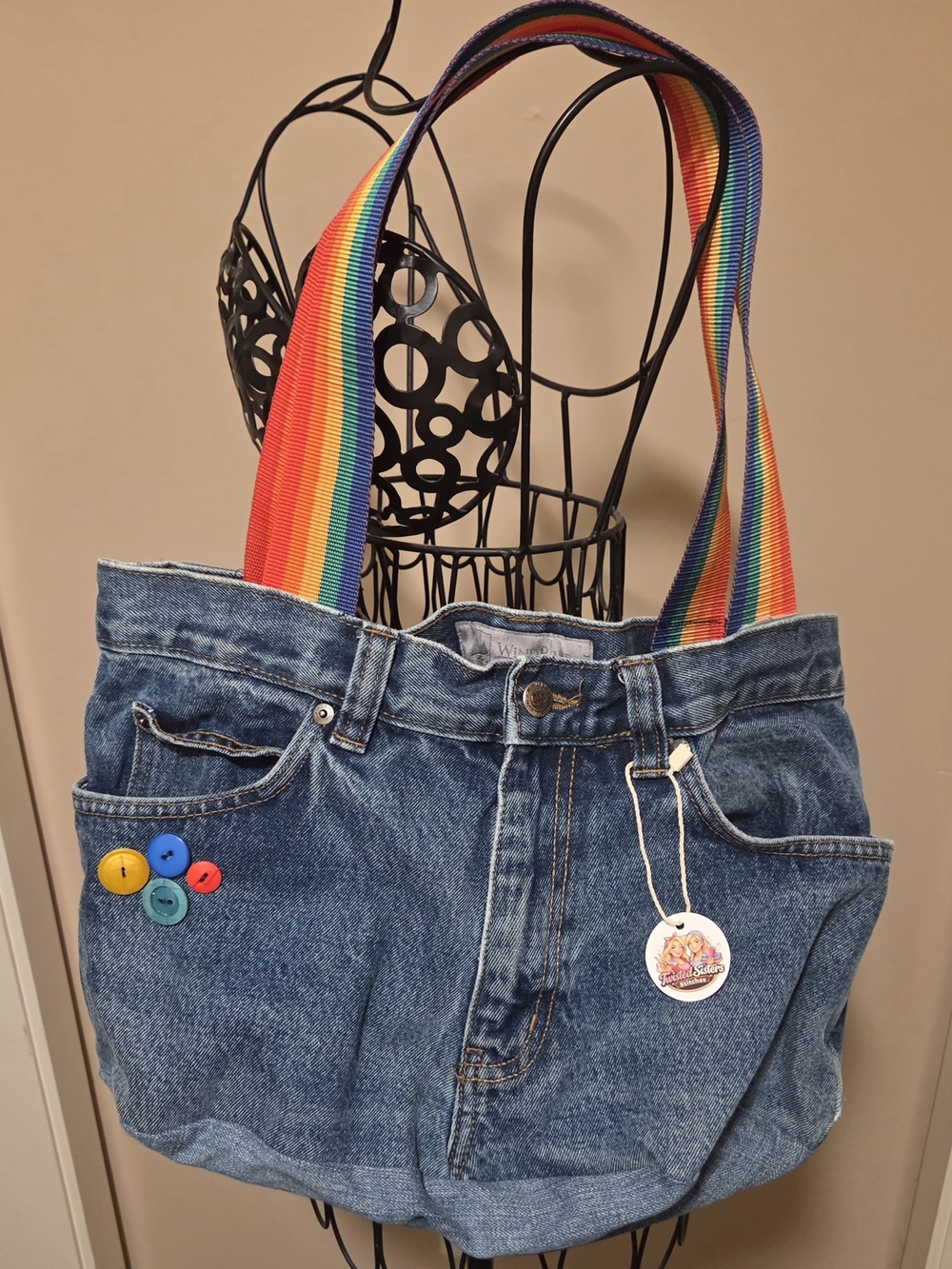Denim Tote Bag with Rainbow Strap